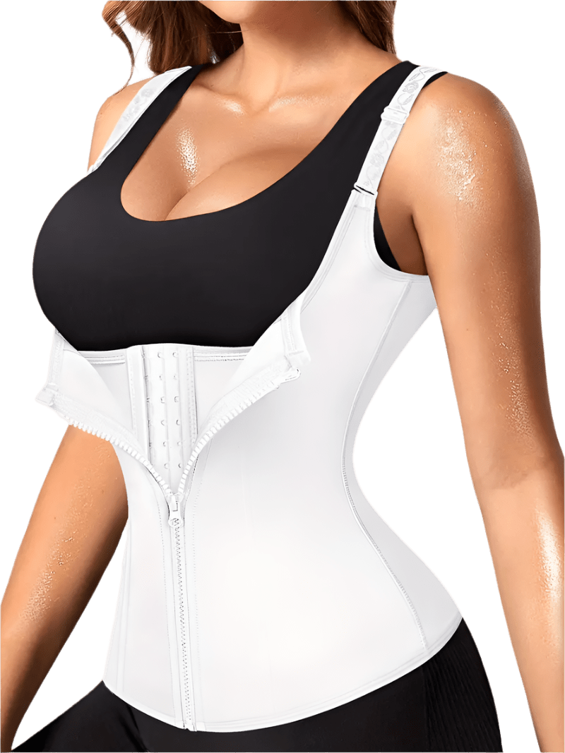 Plus size sports shapewear corset with straps for tummy control and waist slimming, in white with zipper and medium stretch fabric.