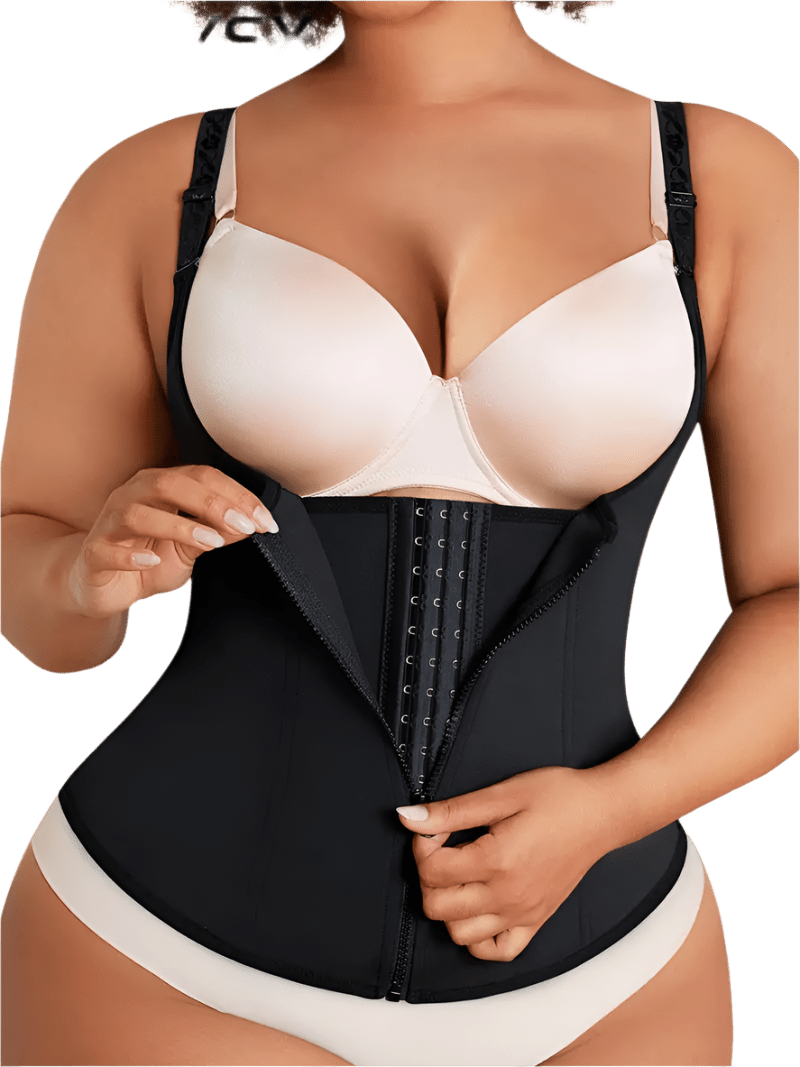 Plus size sports shapewear corset with straps offering tummy control and waist slimming in solid black with zipper closure.