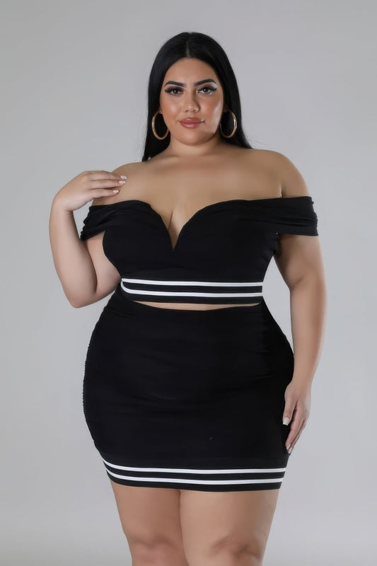 Plus size black off-the-shoulder sweetheart neckline stretch skirt set with mesh accents and high-waisted design.