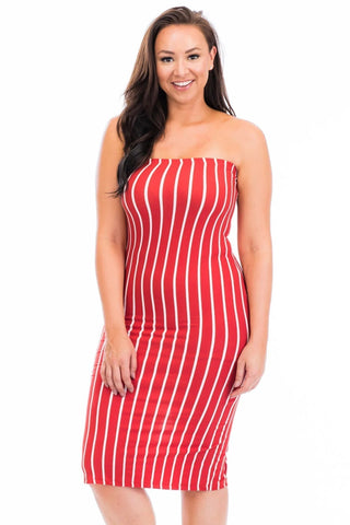 Plus size striped back cut-out tube midi dress in red and white, featuring open shoulders and stretch knit fabric.