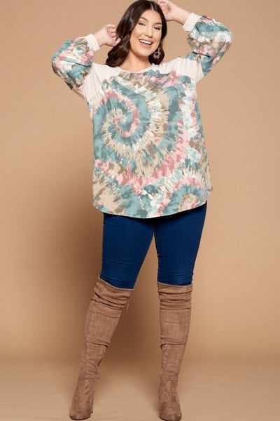 Plus Size Tie Dye French Terry Print Balloon Sleeve Top-Teal