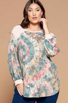 Plus Size Tie Dye French Terry Print Balloon Sleeve Top-Teal