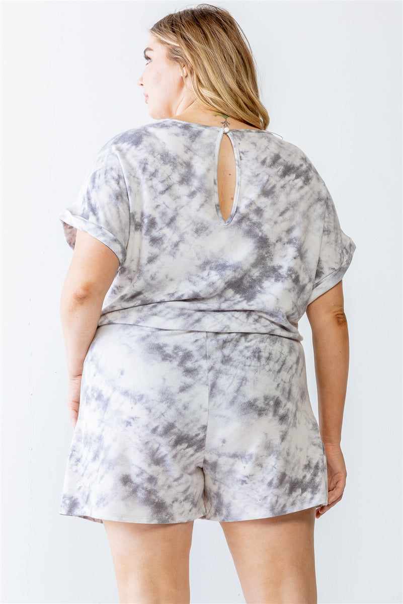 Plus size ivory and grey tie-dye romper with dolman sleeves and elastic waistband, shown from the back.