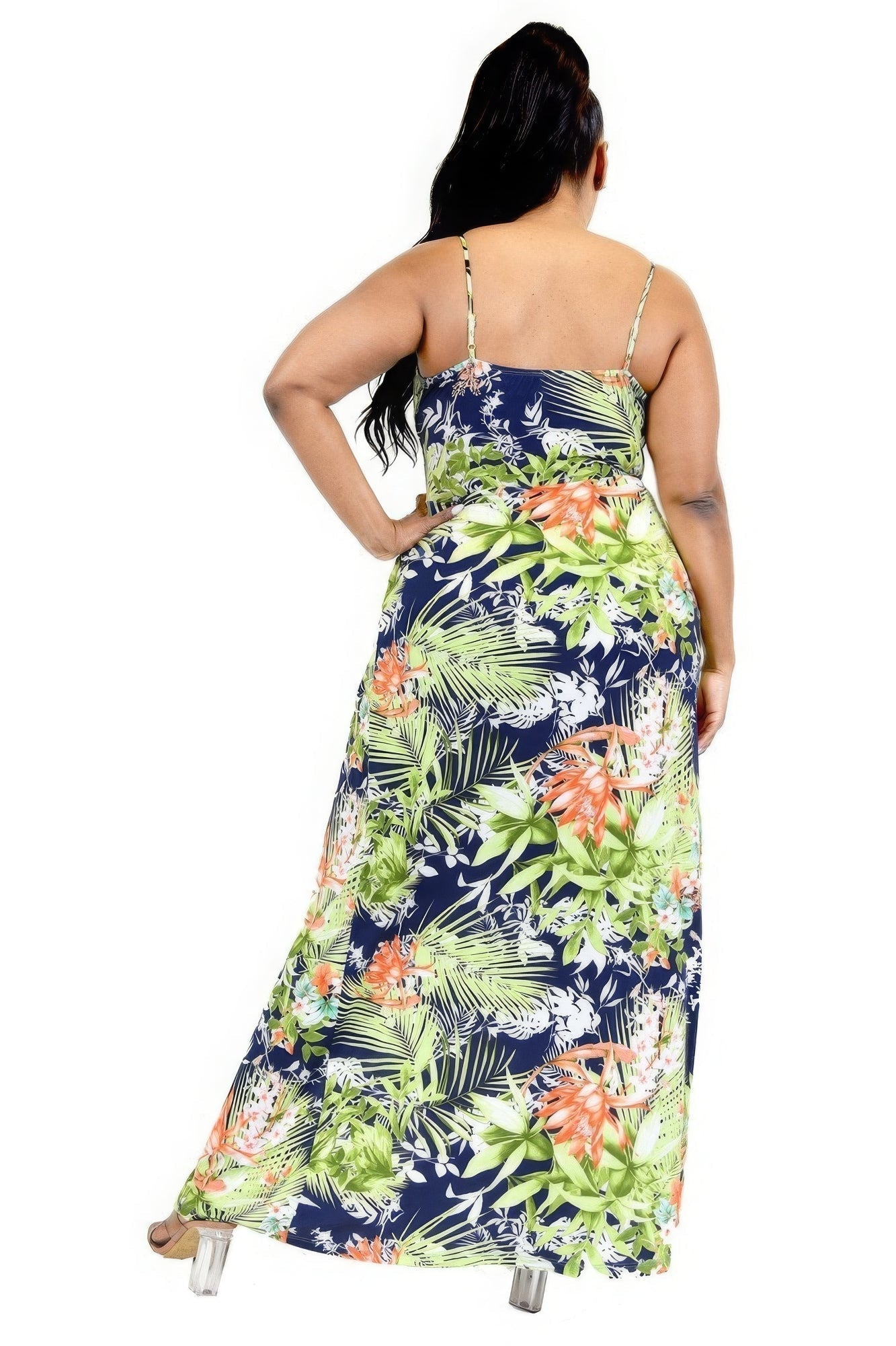 Women's plus size tropical leaf print maxi summer dress in navy and olive, sleeveless with belted wrap design.