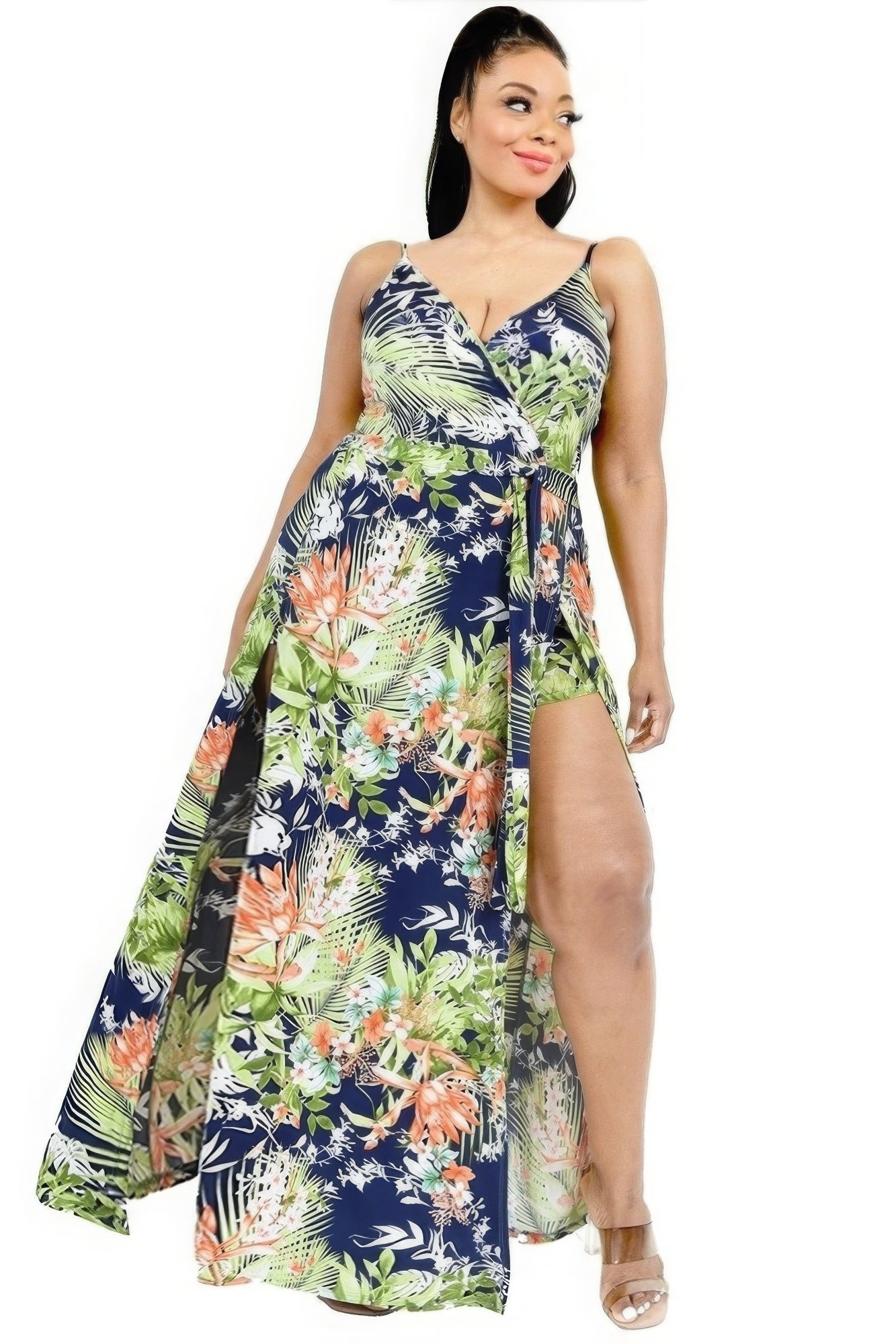 Women's plus size tropical leaf print maxi summer dress with belted V-neckline and sleeveless wrap front, showcasing comfort and style.