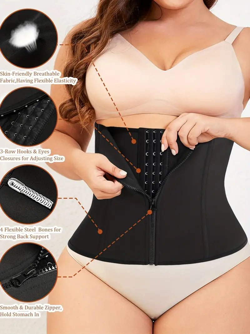 Plus Size Tummy Control Waist Trainer with Zipper, Hook & Eye, solid color, breathable fabric; enhances curves and provides support.