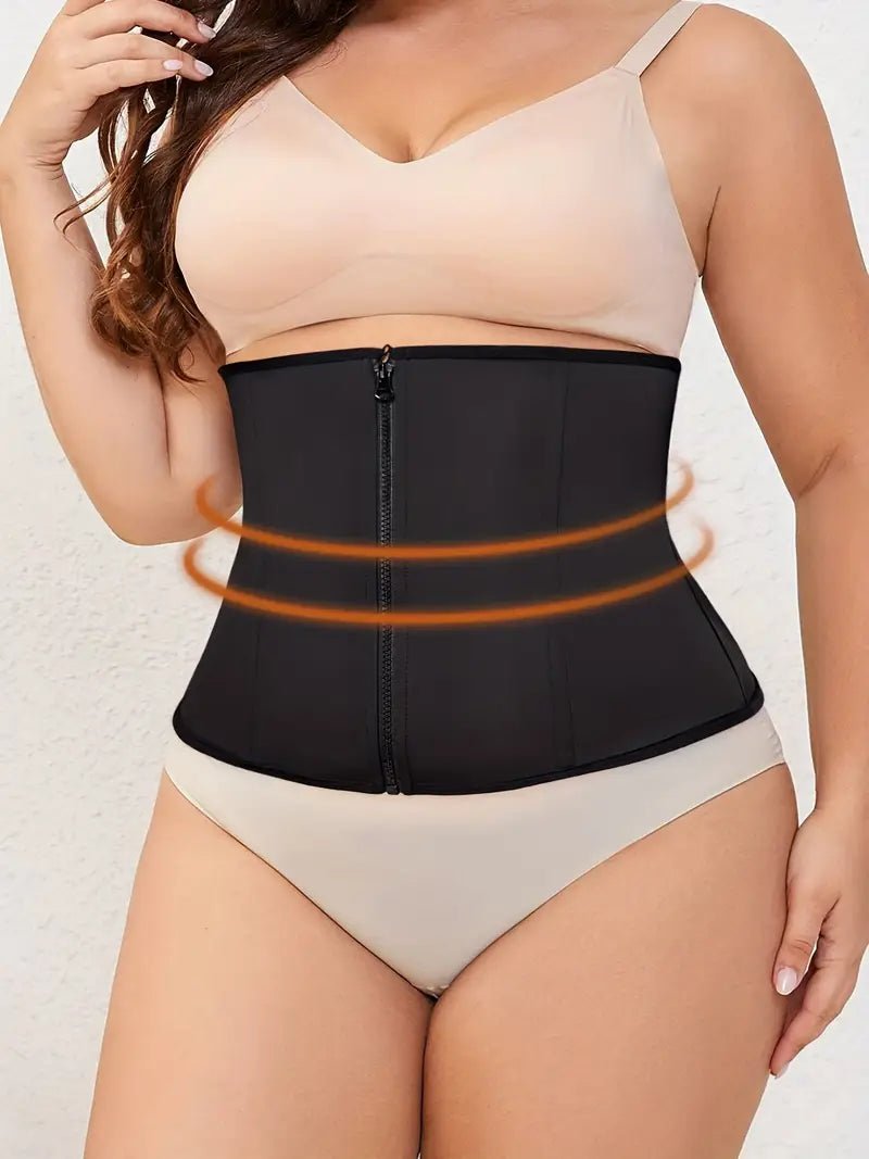 Plus size tummy control waist trainer with zipper and hook; solid color shapewear for women with underbust support and slight stretch fabric.