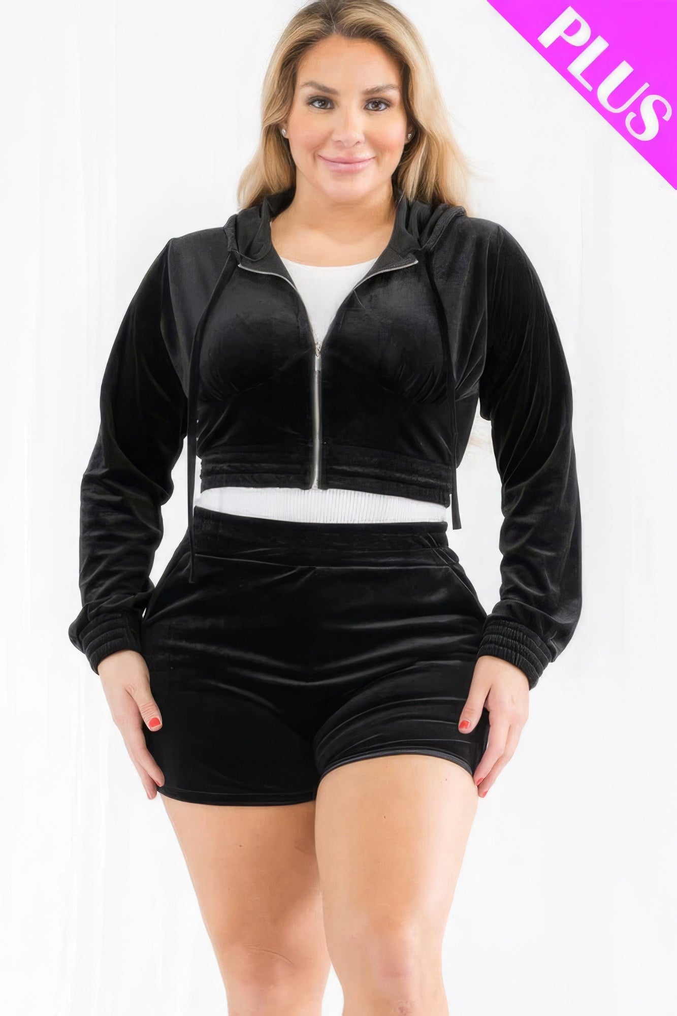 Plus size velour crop zip-up hoodie and shorts set in black, trendy and comfortable loungewear for casual outings.