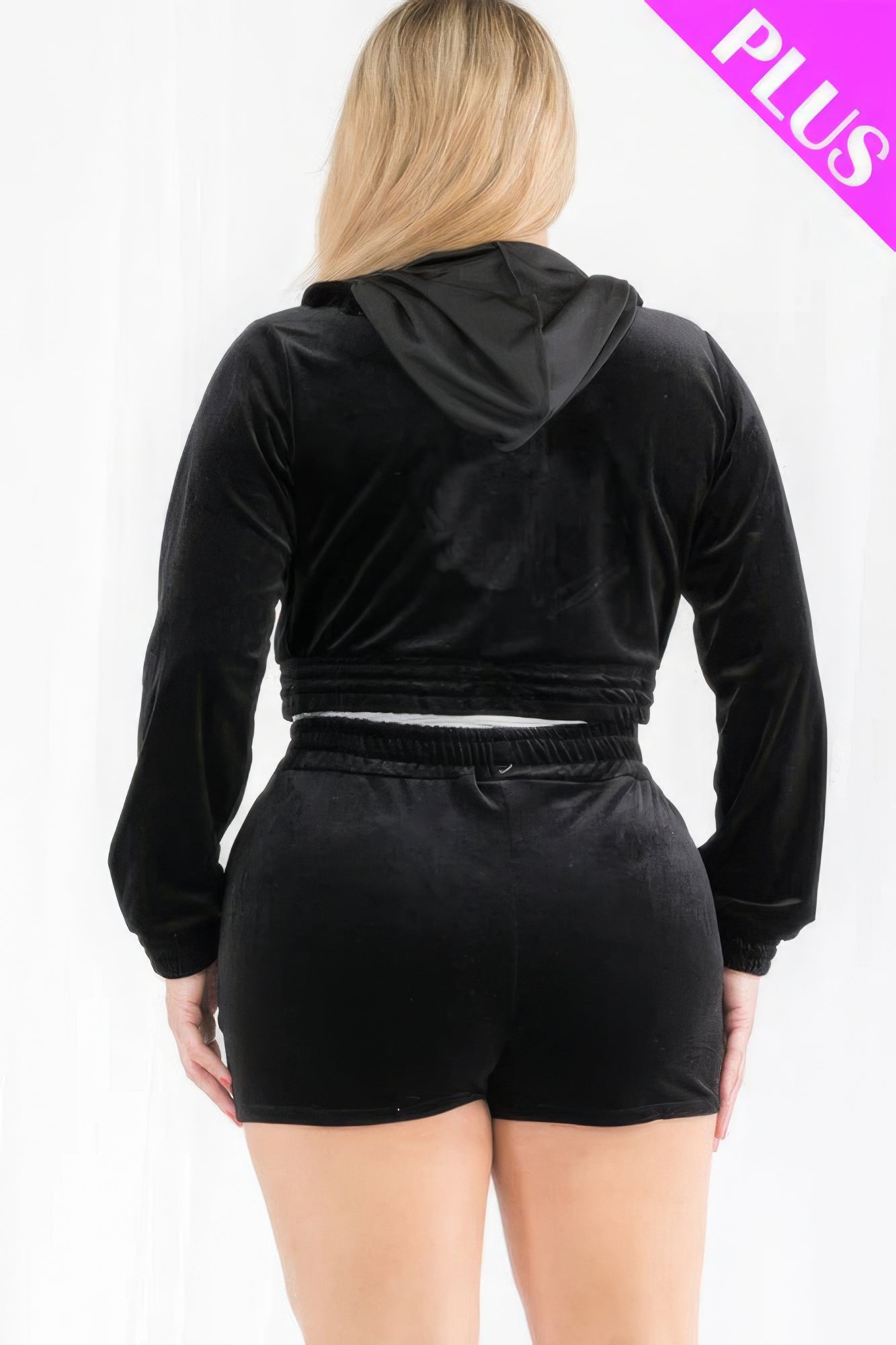 Plus size black velour crop hoodie and shorts set for lounging