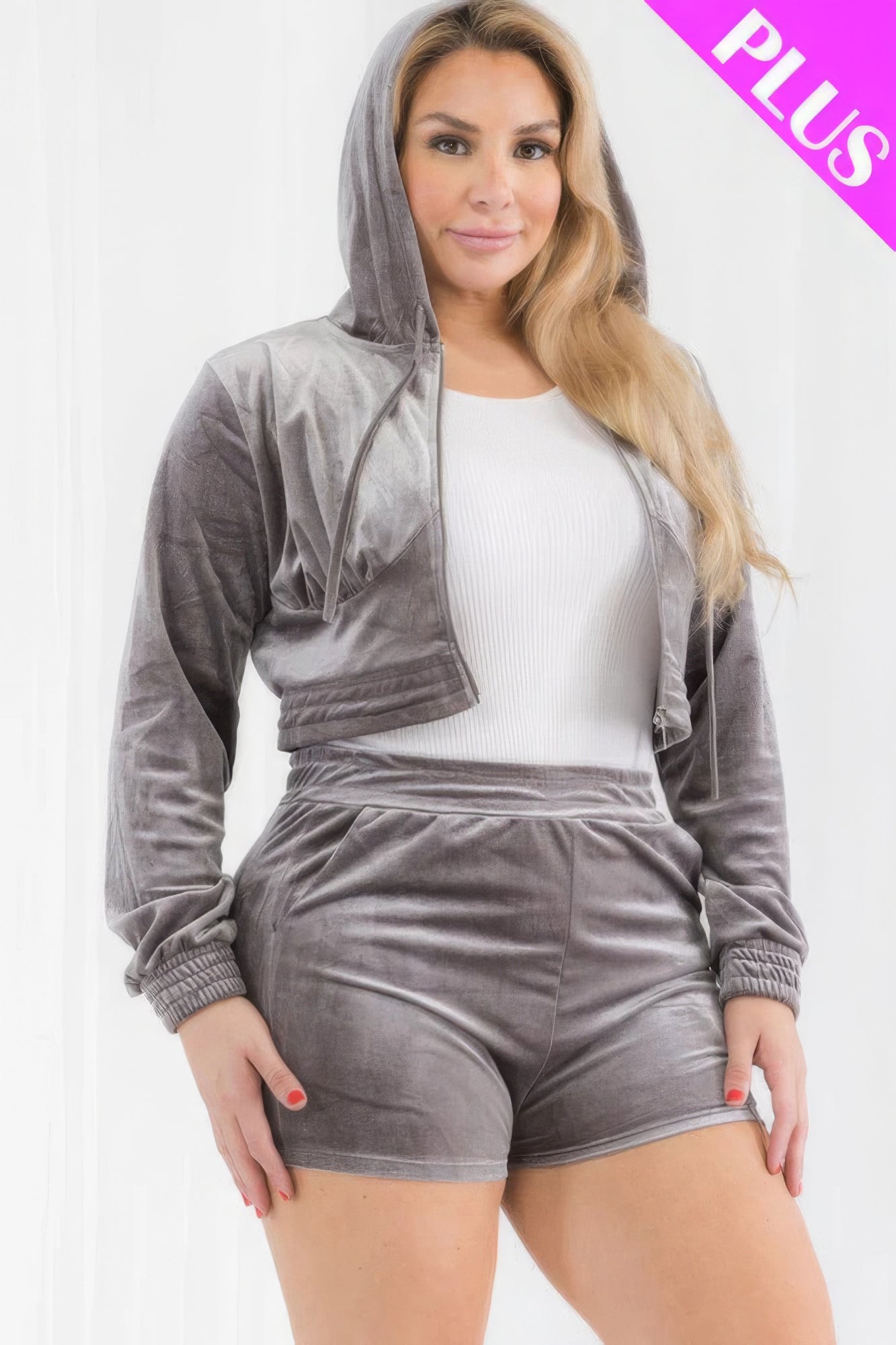 Plus size velour crop zip-up hoodie and shorts set in soft fabric, perfect for lounging or casual outings, featuring a trendy design.