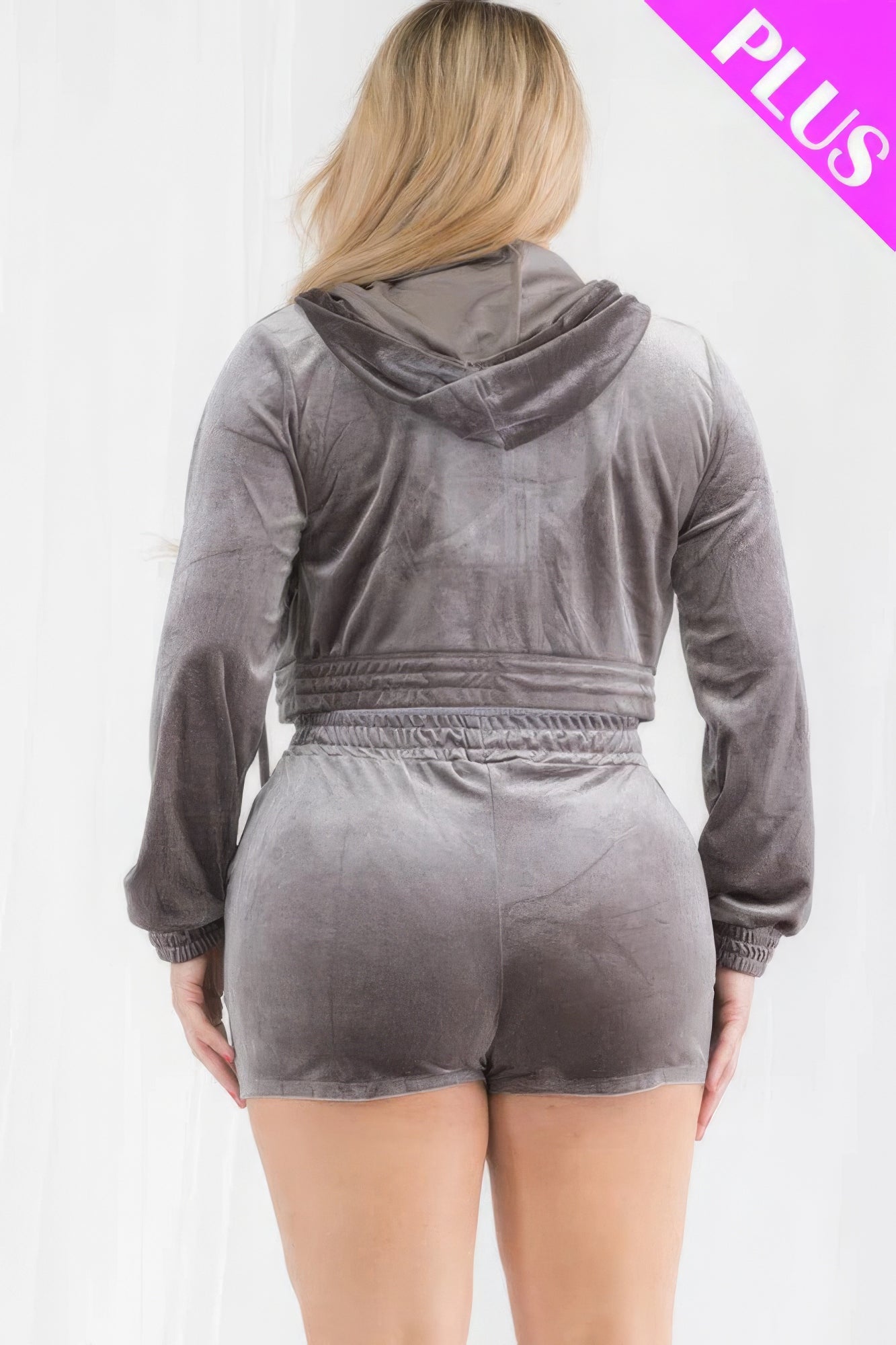 Plus size velour crop zip-up hoodie and shorts set in gray, showcasing soft fabric and trendy design for comfort and style.