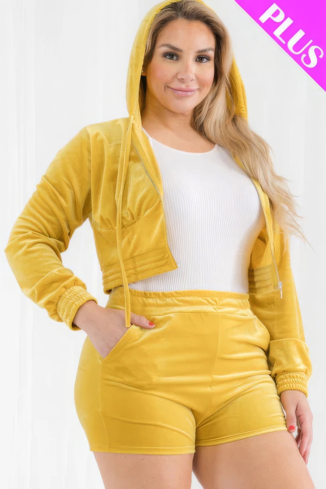 Plus size velour crop zip-up hoodie and shorts set in yellow, featuring soft stretch fabric for comfort and style.