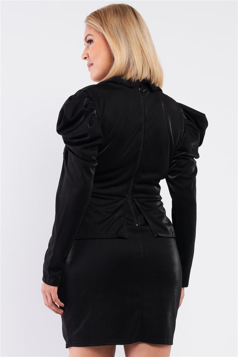 Plus size Victorian black dress with puff shoulders, back view, showing zipper closure and elegant design.