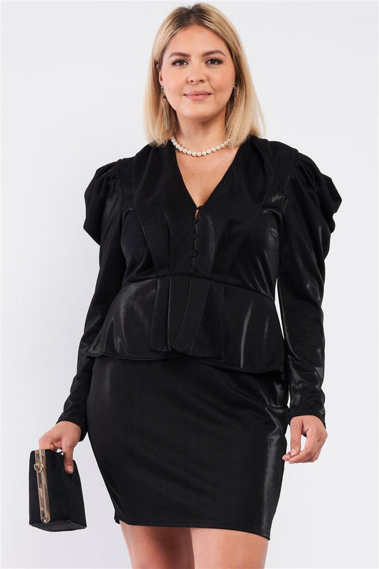 Plus Size Victorian V-neck Black Dress with Puff Shoulders and Mock Blazer Top