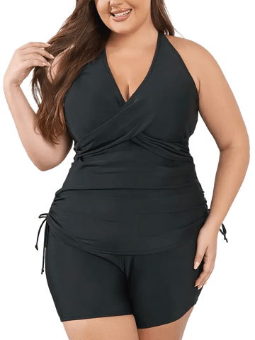 Plus Size Wrap Front Tankini Set | High-Waist Boyshort Two-Piece Swimsuit