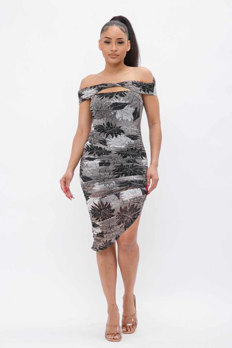 Printed Mesh Off Shoulder Dress-Black/Grey