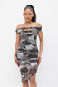 Printed Mesh Off Shoulder Dress-Black/Grey
