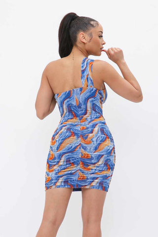 Printed One Shoulder Mini Dress-Blue/Orange