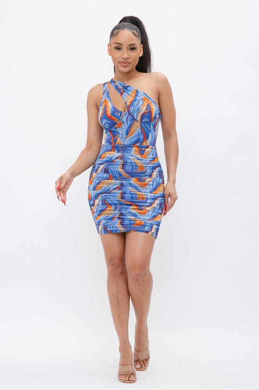 Printed One Shoulder Mini Dress-Blue/Orange