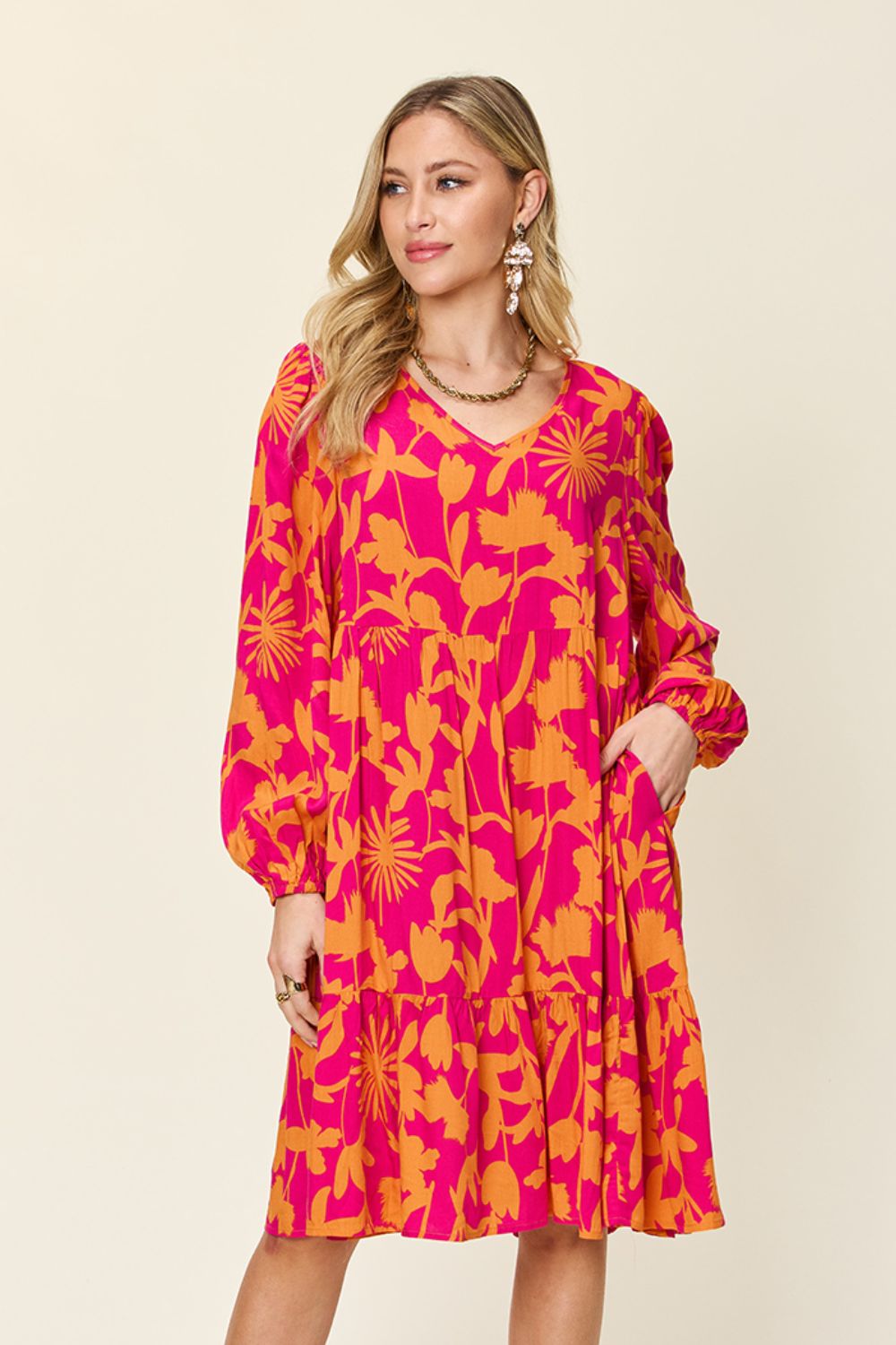 Printed Ruffle Hem Dress with Pocket