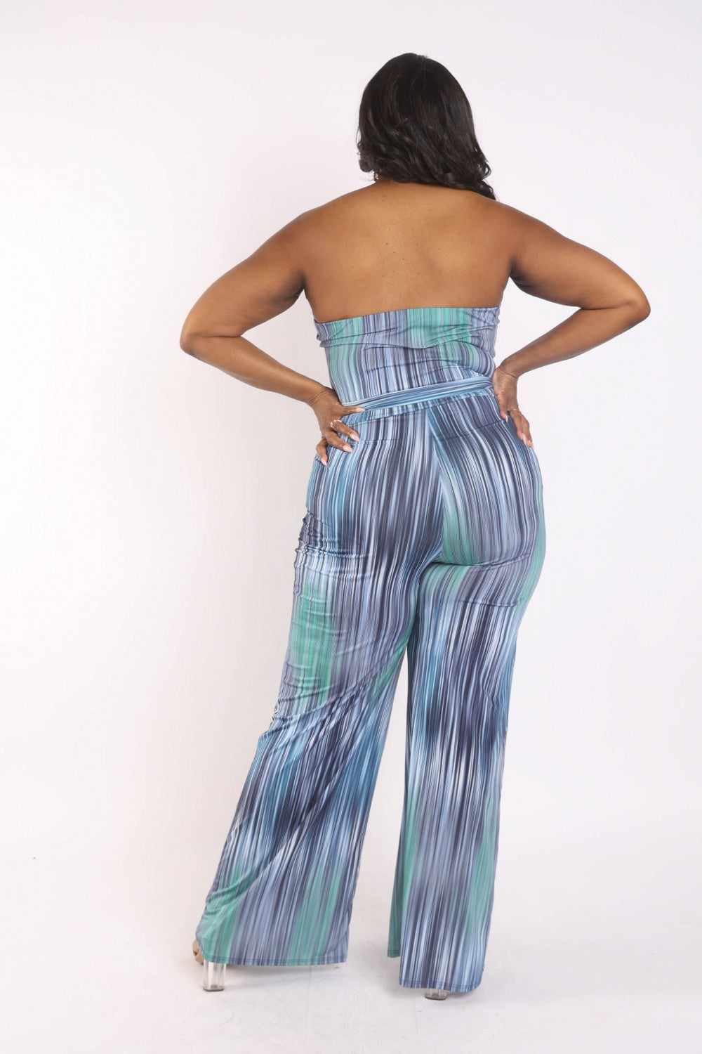 Printed Tube Jumpsuit With Self Belt-Blue