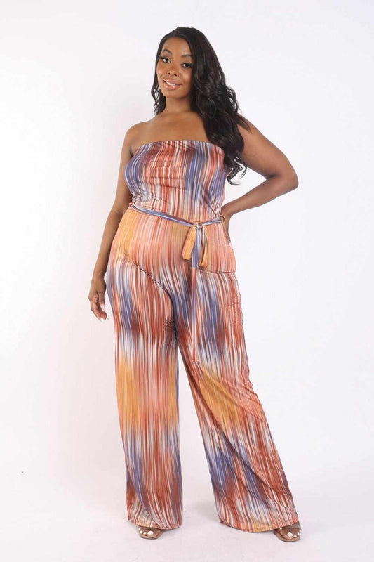 Printed Tube Jumpsuit With Self Belt-Orange