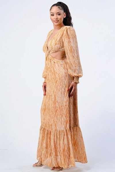Printed V Neck Self Belted Side Cut Out Ruffled Maxi Dress-Dresses-Your Style Fashion