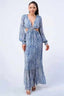 Printed V Neck Self Belted Side Cut Out Ruffled Maxi Dress-Blue