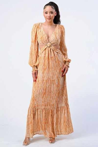 Printed V Neck Self Belted Side Cut Out Ruffled Maxi Dress-Yellow