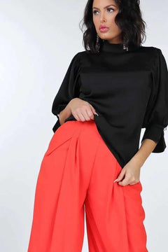 Puff Sleeve Blouse With Pearl Buttons-Black