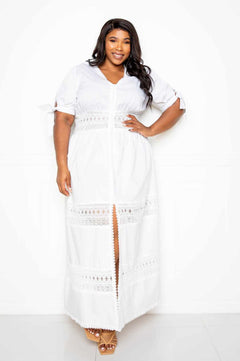 Puff Sleeve Maxi Dress With Lace Insert-White