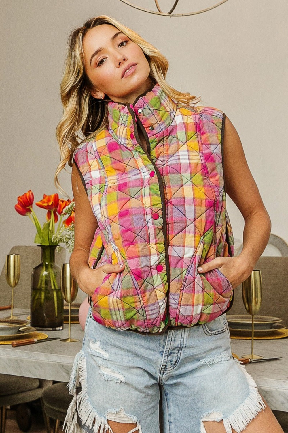 Pink Multi Color Quilted Washed Plaid Snap Down Vest | Trendy