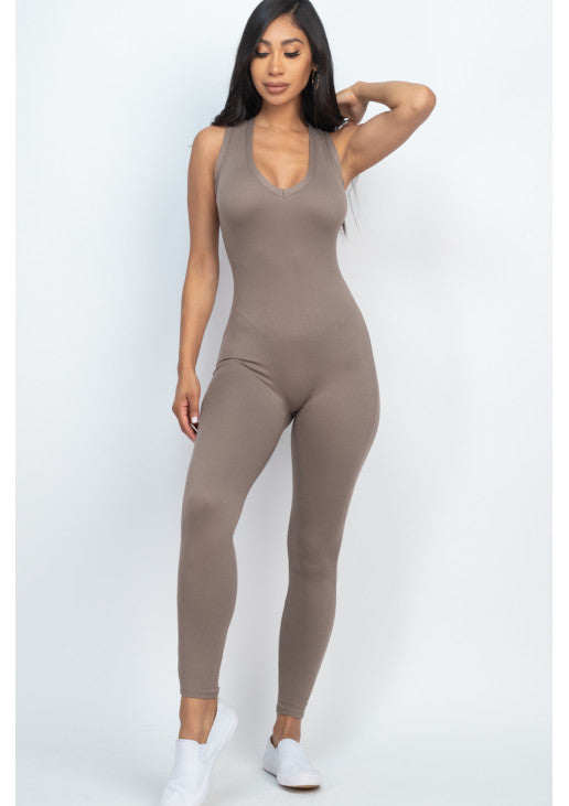 Racer Back Bodycon Jumpsuit-Olive