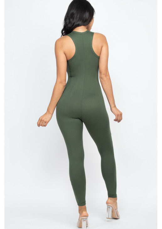 Racer Back Bodycon Jumpsuit-Olive