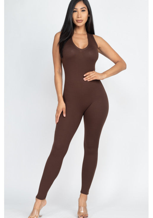 Racer Back Bodycon Jumpsuit-Olive