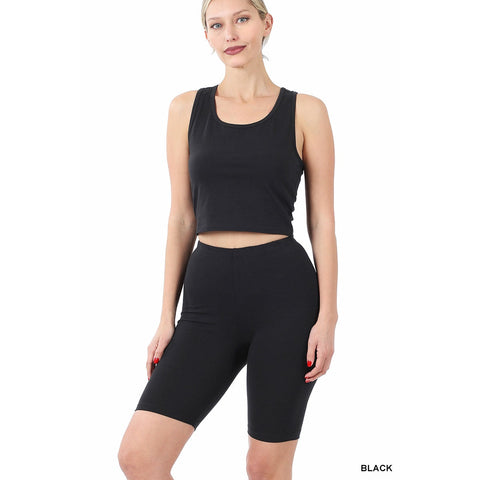 Black racerback tank top and biker shorts set, 95% cotton, 5% spandex, showcasing a stylish and comfortable athletic outfit.