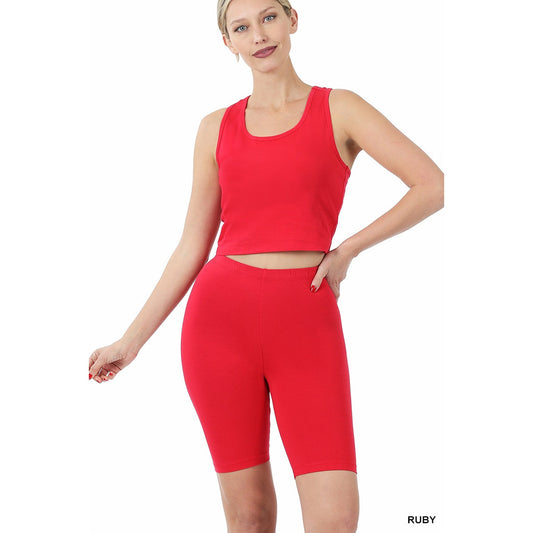 Red racerback tank top and biker shorts set, 95% cotton and 5% spandex, ideal for activewear and casual outings.