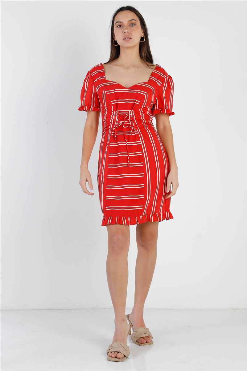 Red Stripe Lace Up Ruffle Trim Balloon Sleeve Dress with heart-shaped neckline and fitted waistline, featuring puff sleeves.