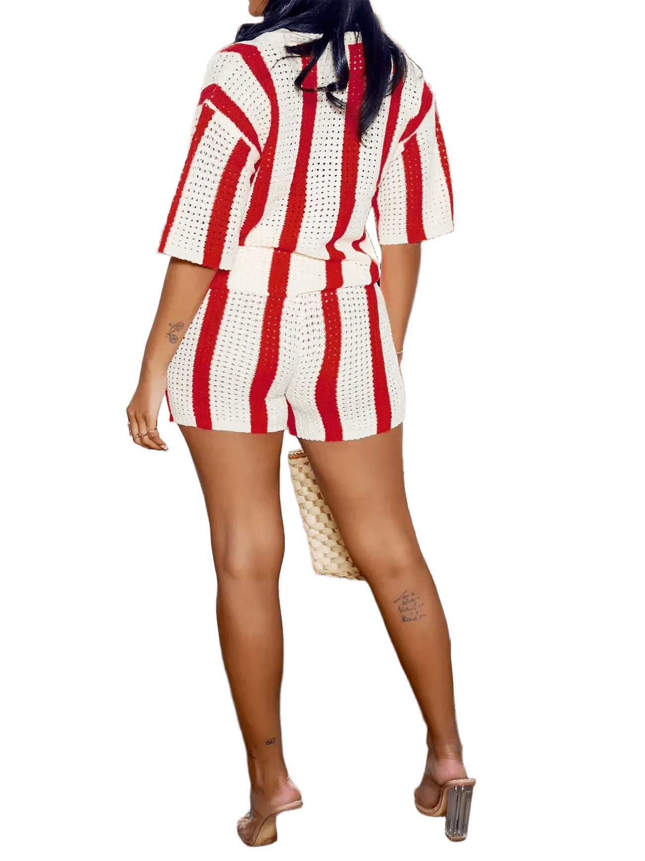 Red Striped Crochet Two-Piece Set | Button-Up Top & High-Waist Shorts