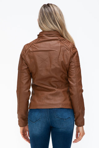 Removable Faux Layered Multi-Pocket Jacket with Fuzzy Hood