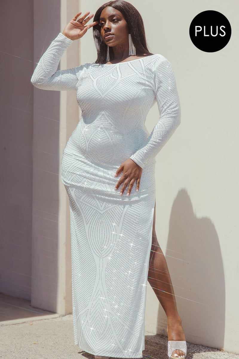 Ivory rhinestone plus size maxi dress with long sleeves and round neck, featuring a patterned design and side slit.