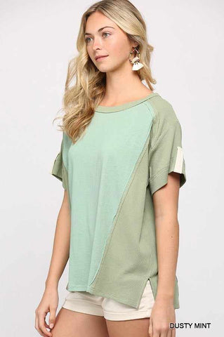 Ribbed And Solid Mixed Raw Edge Top-Dusty Mint
