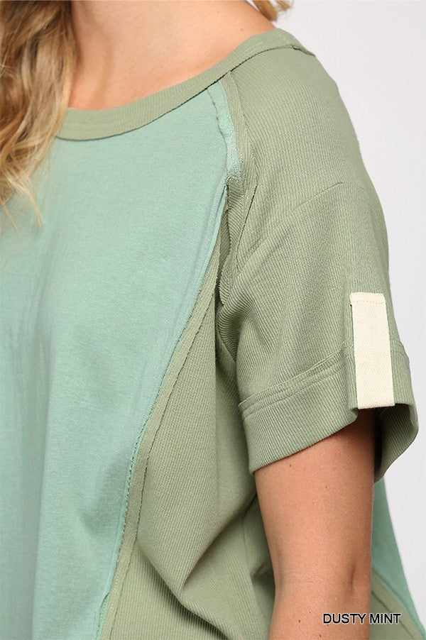 Ribbed And Solid Mixed Raw Edge Top-Dusty Mint