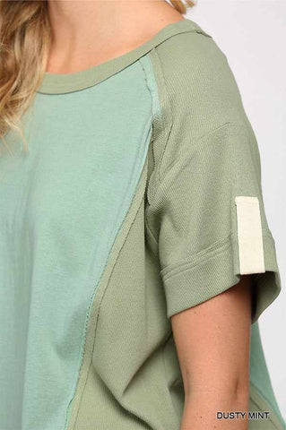 Ribbed And Solid Mixed Raw Edge Top-Dusty Mint