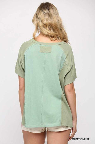 Ribbed And Solid Mixed Raw Edge Top-Dusty Mint