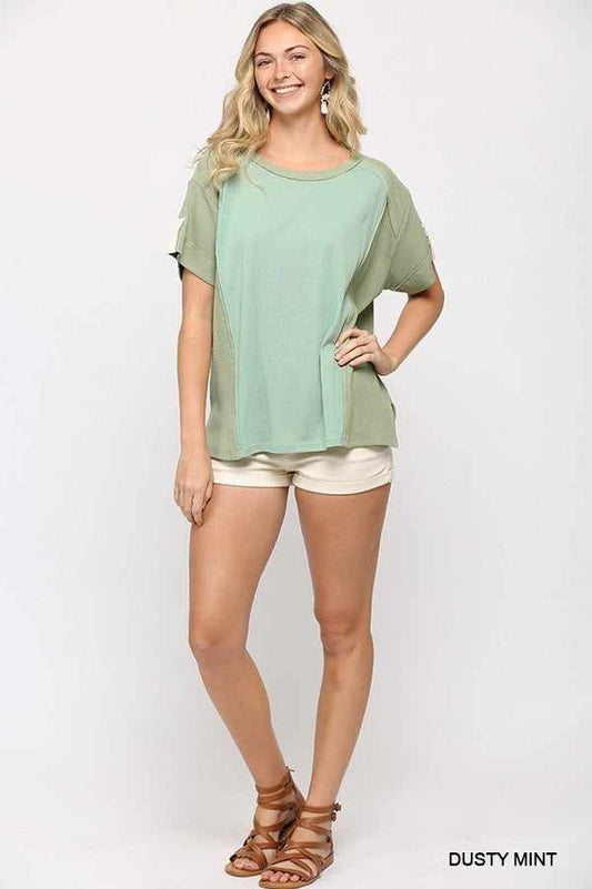 Ribbed And Solid Mixed Raw Edge Top-Dusty Mint