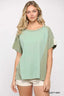 Ribbed And Solid Mixed Raw Edge Top-Dusty Mint