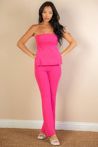 Ribbed Bandeau Top & Flare Pants Set | Trendy Two-Piece Outfit
