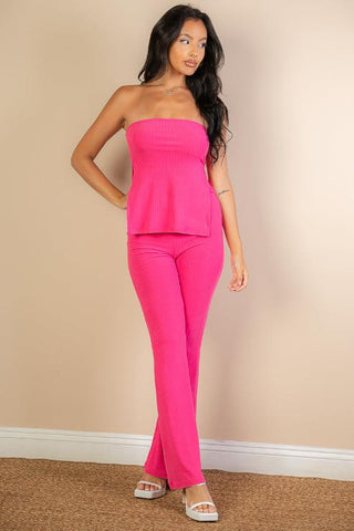 Ribbed Bandeau Top & Flare Pants Set | Trendy Two-Piece Outfit