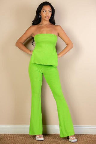 Ribbed Bandeau Top & Flare Pants Set | Trendy Two-Piece Outfit